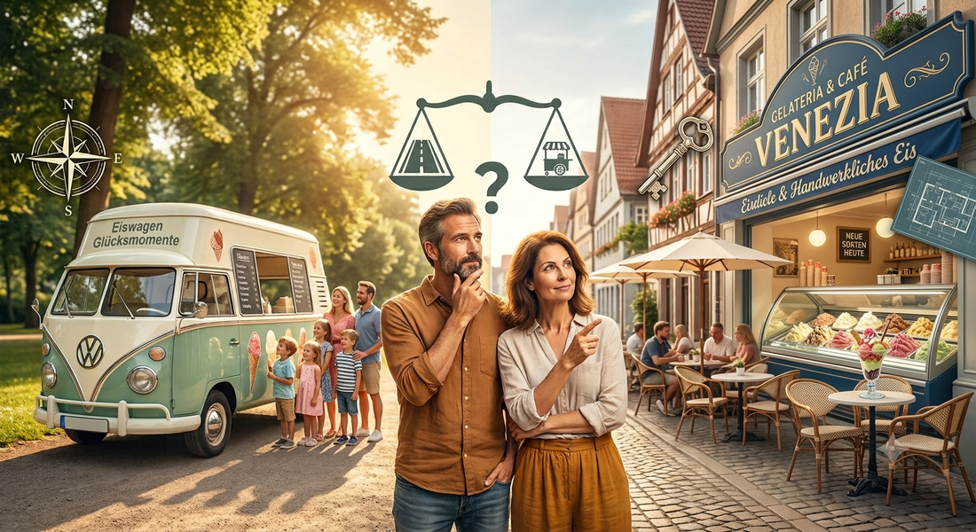 Gegenüberstellung eines Eiswagens und eines Eiscafes