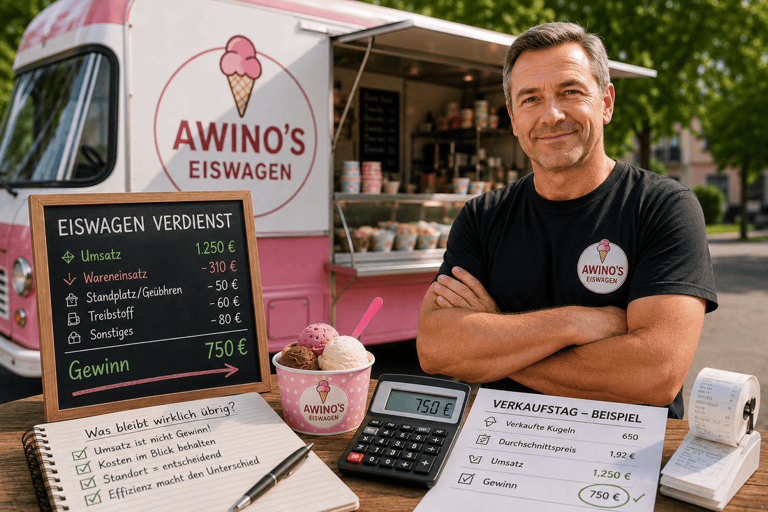 Eismann vor seinem Eiswagen, daneben eine Tafel mit einer Beispielrechnung zum Eiswagen-Verdienst