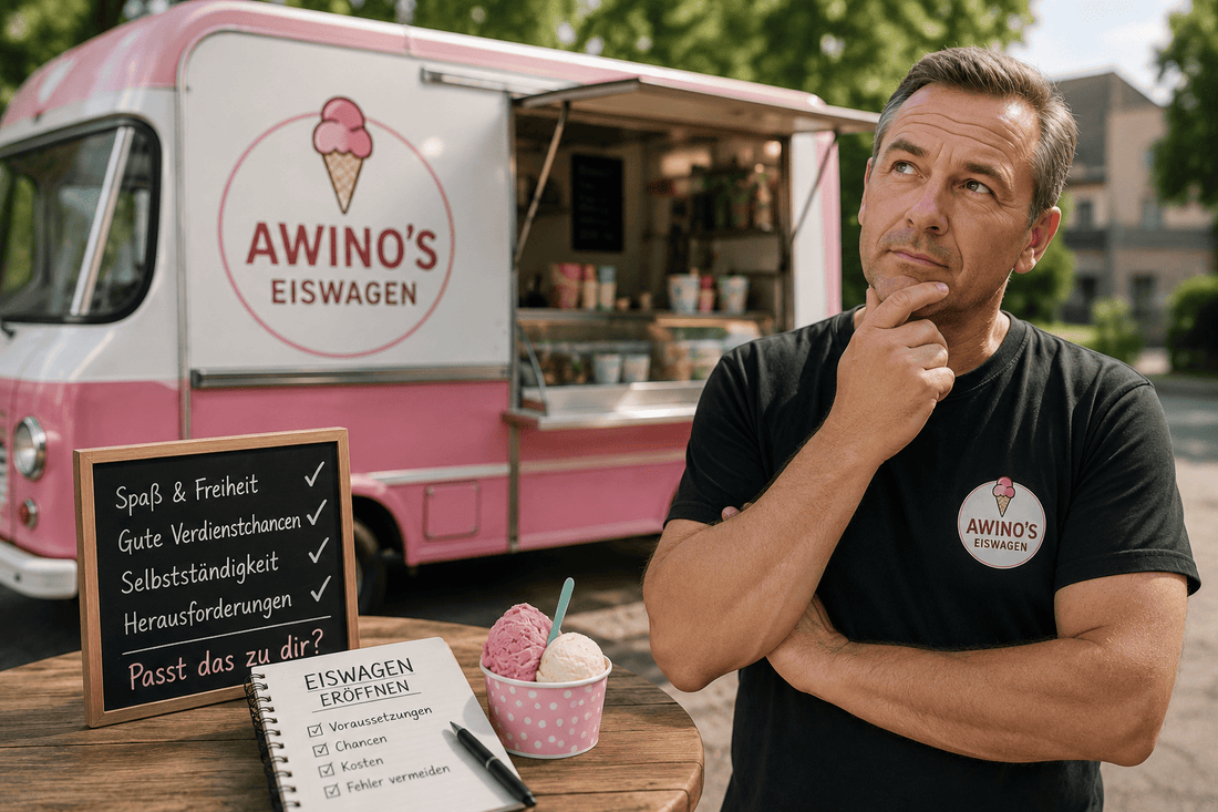 Mann denkt über die Selbständigkeit mit einem Eiswagen nach.