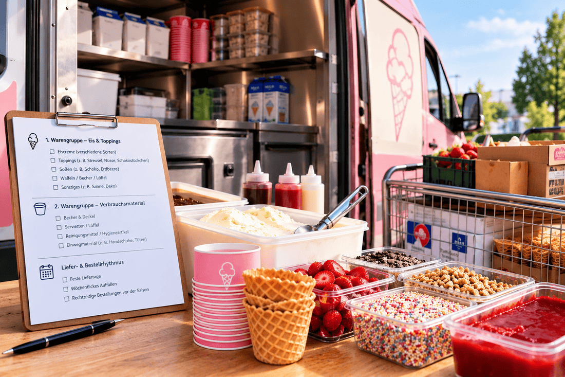 Rosa Eiswagen mit Eiscreme, Waffeln, Erdbeeren und verschiedenen Toppings.