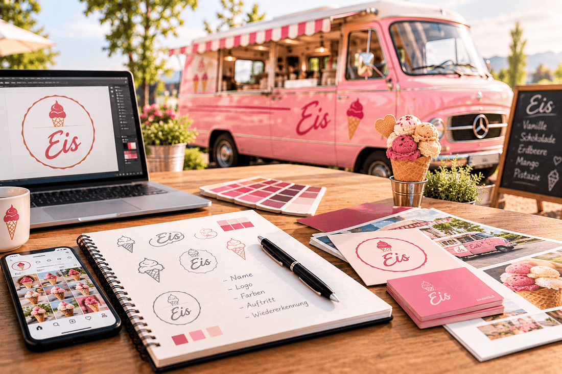 Eiswagen mit einheitlichem Markenauftritt sowie Logoentwürfen, Farbmuster, Social-Media-Profil und Werbematerialien zur Markenentwicklung.