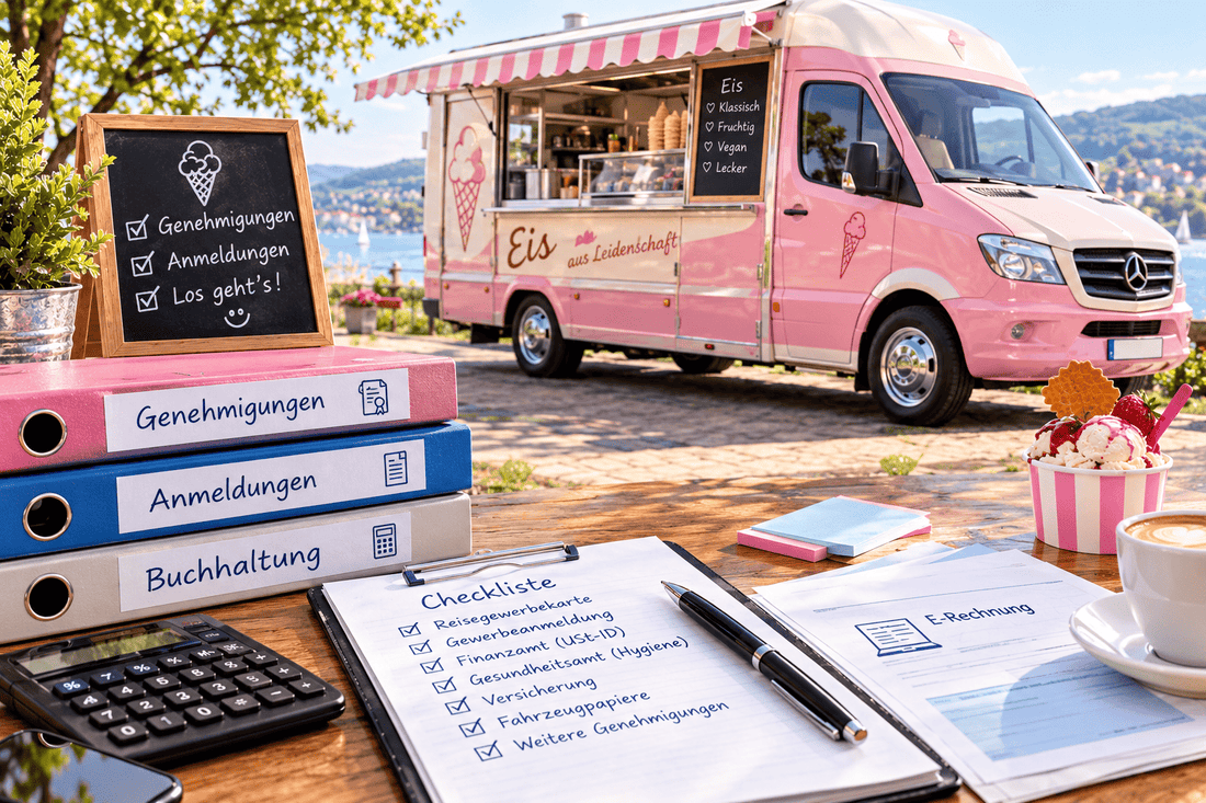 Rosa Eiswagen vor einem Schreibtisch mit Checkliste, Reisegewerbekarte, Gewerbeanmeldung und Finanzamt-Unterlagen zur Vorbereitung der Genehmigungen und Anmeldungen für ein Eiswagen-Business.
