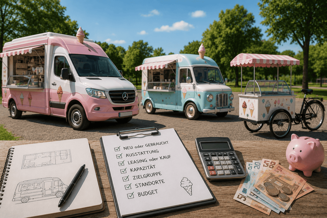 Drei verschiedene Eiswagen-Modelle nebeneinander, davor Notizbuch, Taschenrechner, Sparschwein und Geldscheine