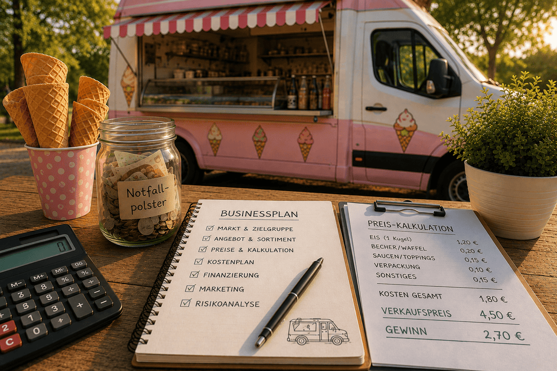 Notizbuch mit Businessplan und Preiskalkulation, Taschenrechner und Waffeln vor einem rosa Eiswagen