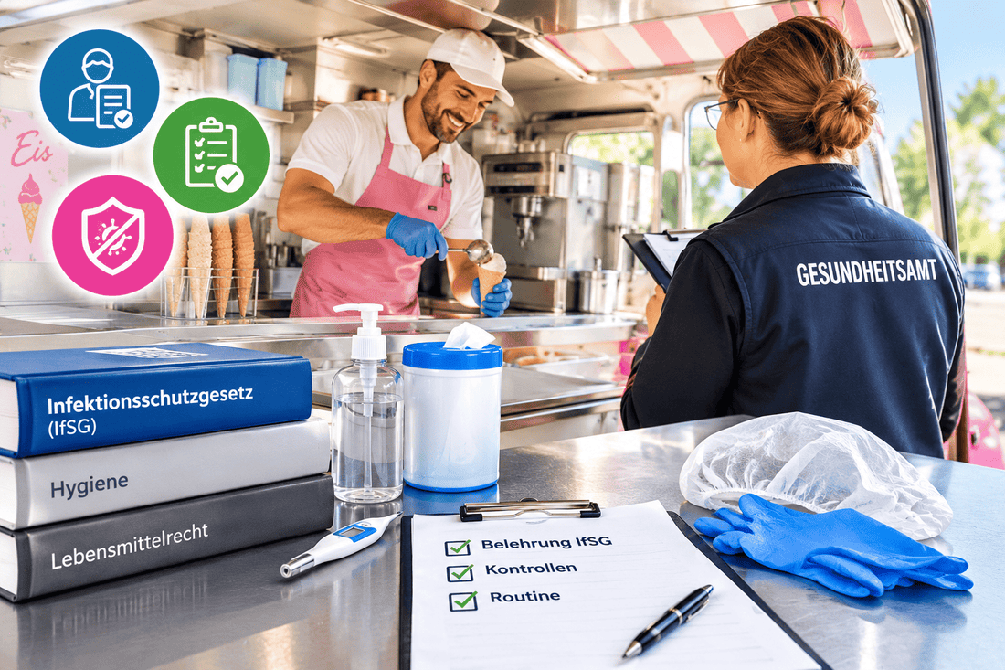 Hygienischer Eiswagen mit Eisverkäufer und Mitarbeiterin des Gesundheitsamts bei einer Kontrolle; Hygieneutensilien, Checkliste und Unterlagen zum Infektionsschutzgesetz im Vordergrund.