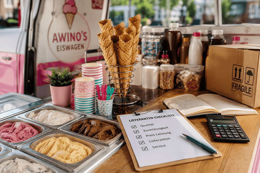 Zutaten und Zubehör für den Eiswagen: Waffeln, Becher, Soßenflaschen und Eisbehälter neben einer Lieferanten-Checkliste