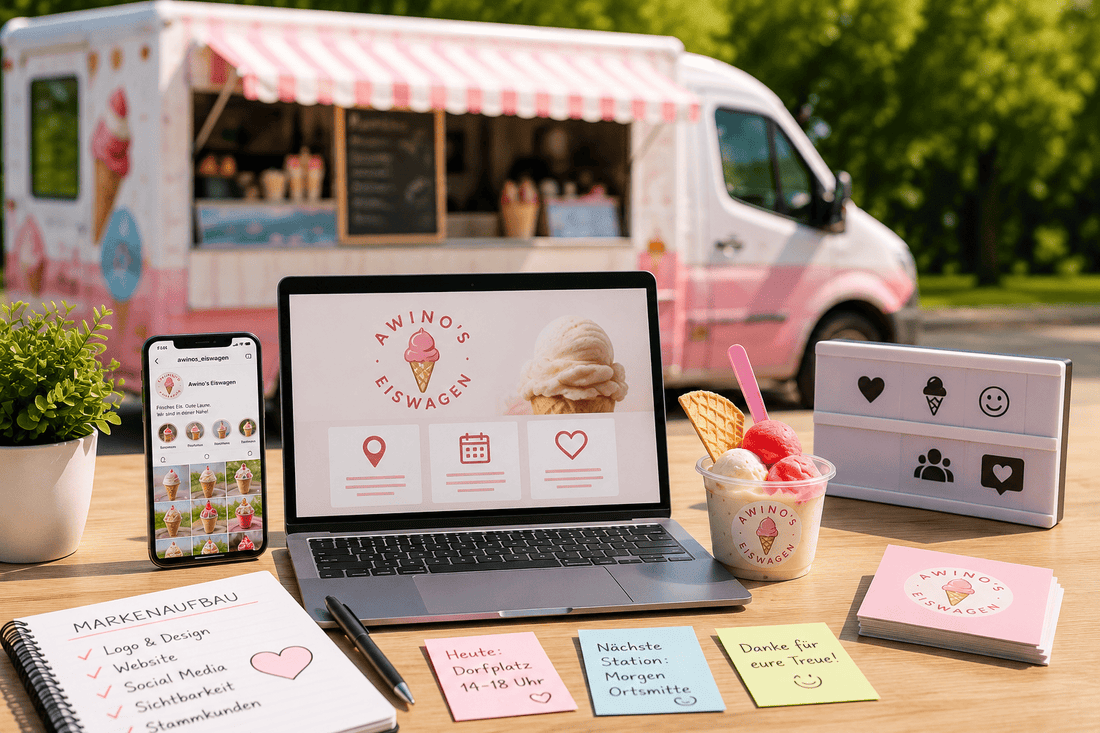 Laptop mit Eiswagen-Webseite, Smartphone mit Social-Media-Profil und Visitenkarten vor einem rosa Eiswagen