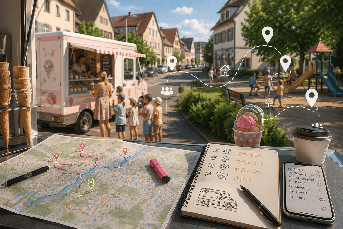 Eiswagen mit wartenden Kunden in einer Dorfstraße, davor Landkarte mit eingezeichneter Tour und Standort-Markierungen