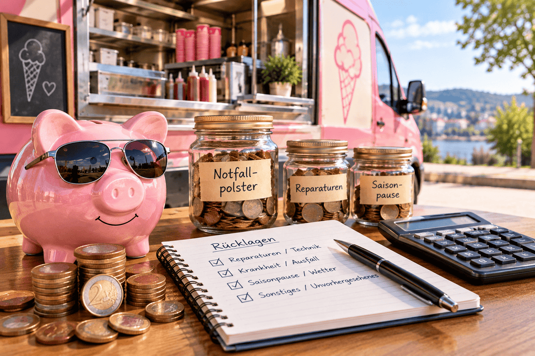 Sparschwein, Geldmünzen und Rücklagen-Checkliste vor einem Eiswagen zur finanziellen Absicherung des Eiswagen-Business.