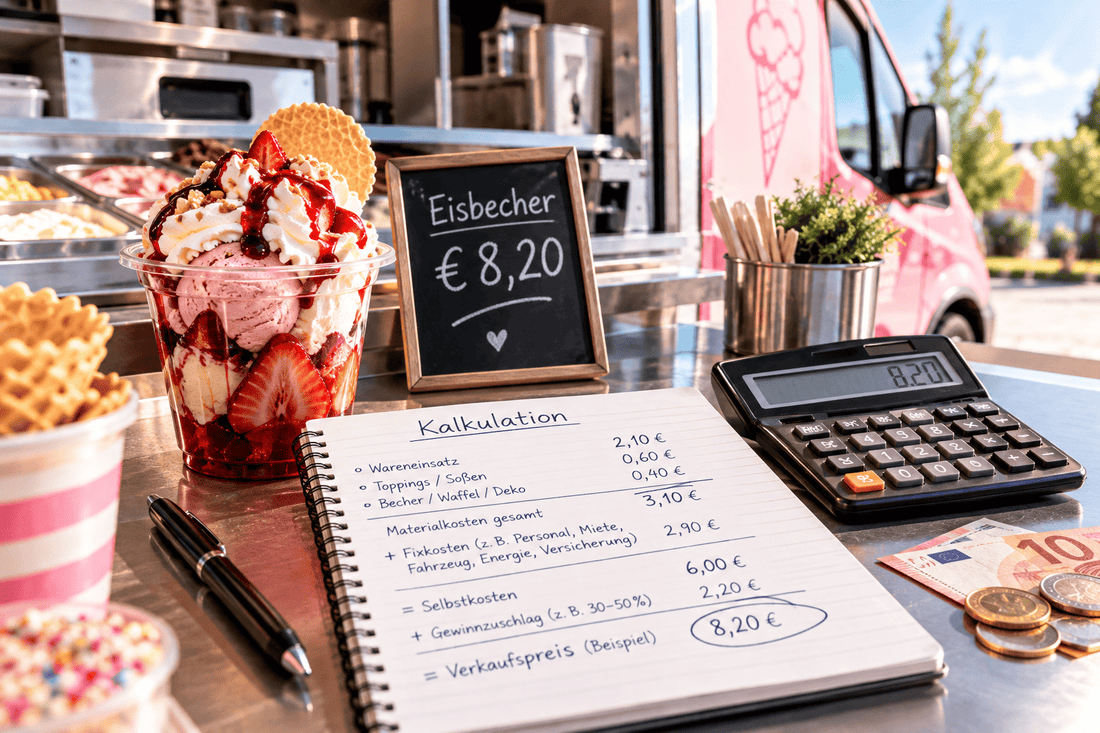 Eisbecher neben Taschenrechner und Kalkulationsnotiz zur Berechnung von Wareneinsatz, Fixkosten, Gewinn und Verkaufspreis im Eiswagen.