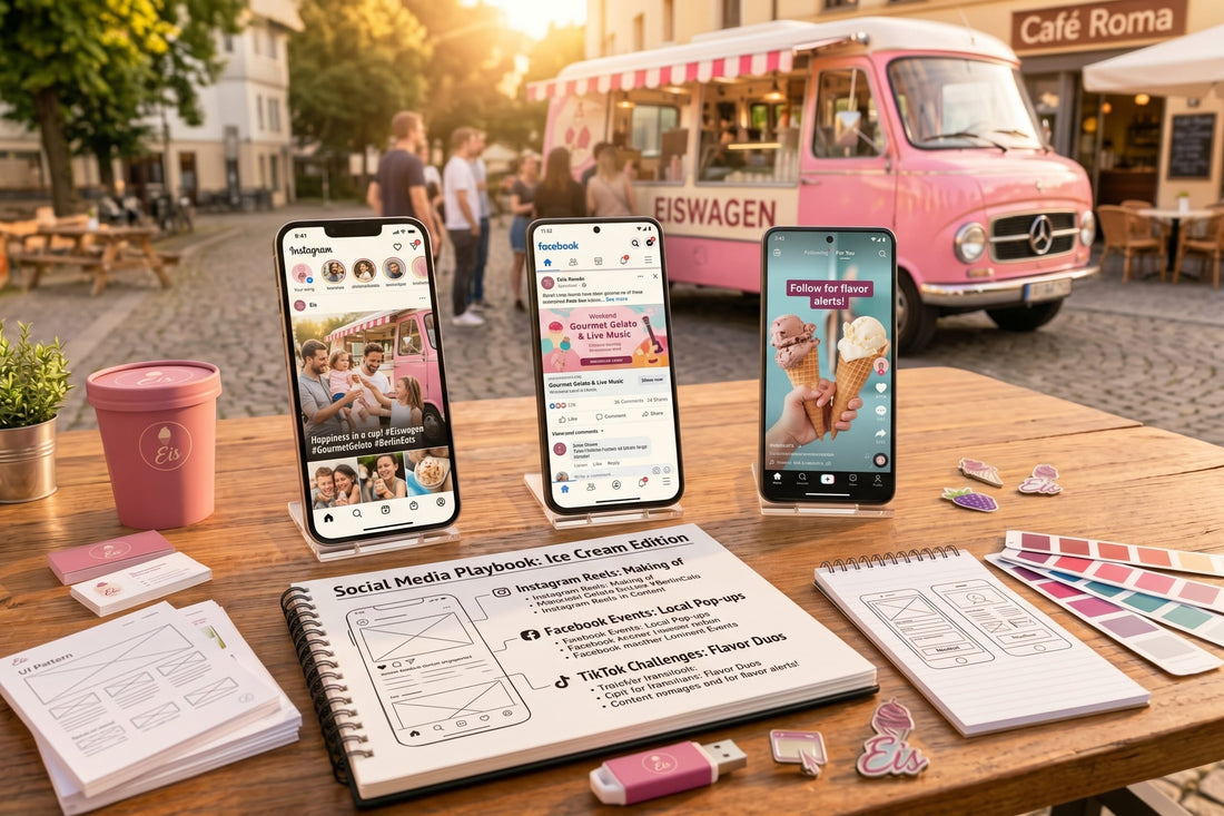 Drei Smartphones auf einem Holztisch zeigen Social-Media-Kanäle für einen Eiswagen vor einem rosa Eis-Foodtruck.