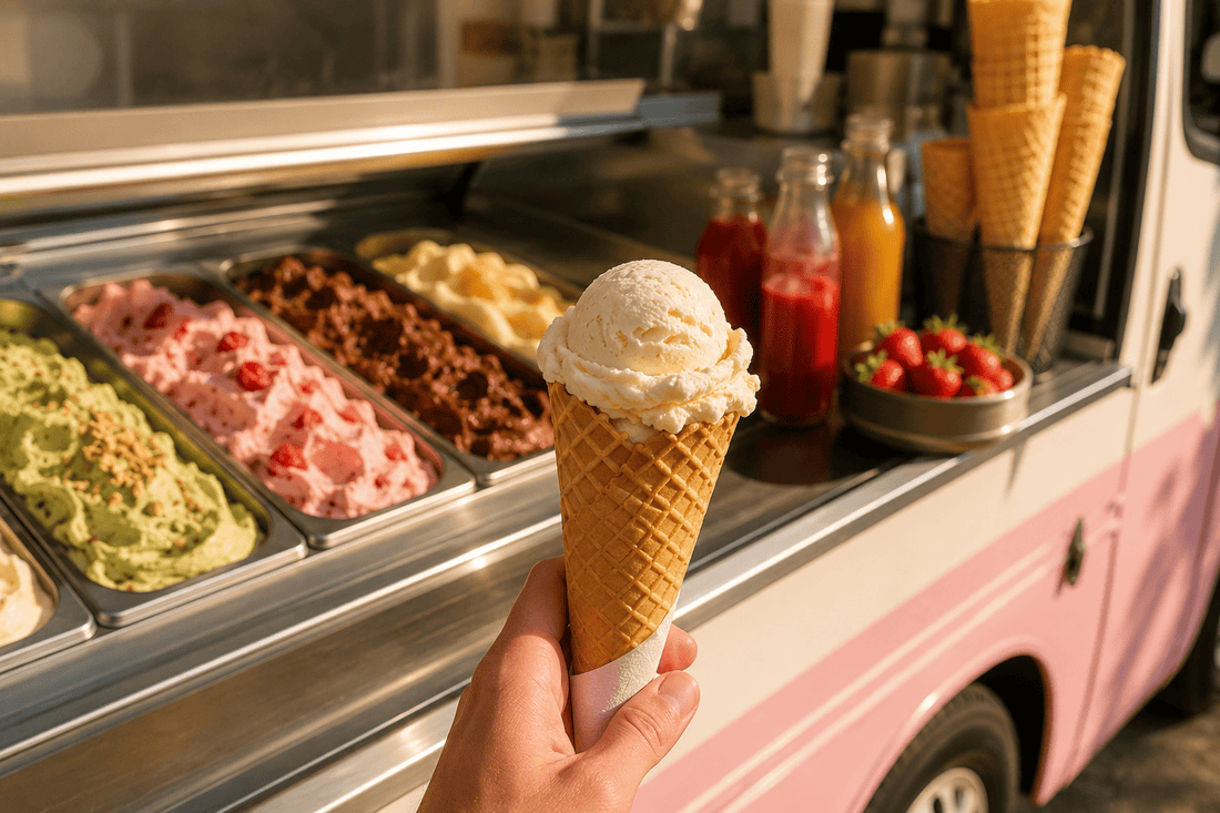 Hand hält Vanilleeis in der Waffel vor der Eisvitrine eines rosa-weißen Eiswagens mit bunter Sortenauswahl