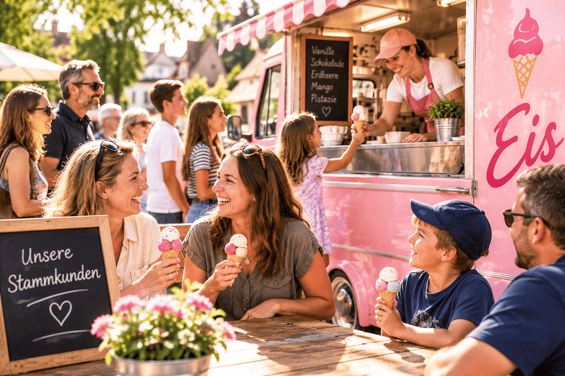 Eiswagen mit vielen Stammkunden, die gemeinsam Eis genießen; Familien und Nachbarn stehen und sitzen rund um den Eiswagen, im Vordergrund ein Schild „Unsere Stammkunden“.