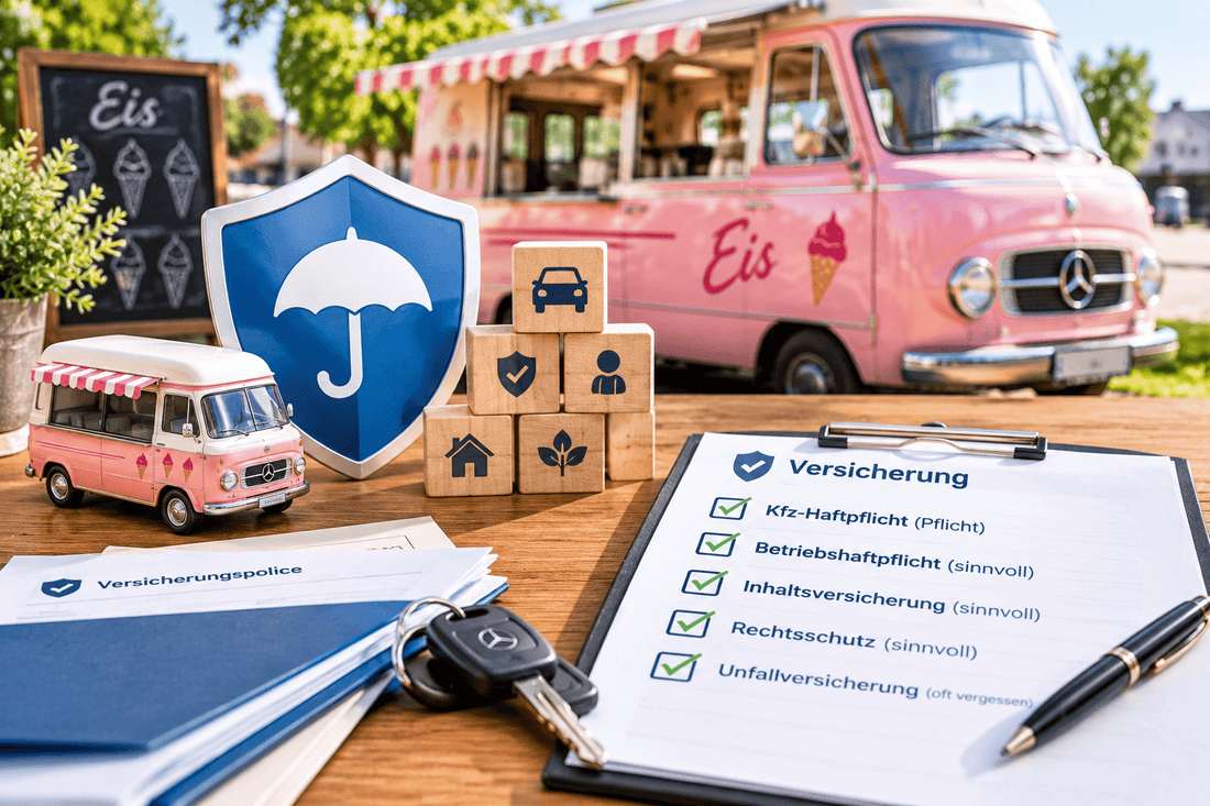 Eiswagen mit Versicherungsschild, Versicherungsunterlagen, Fahrzeugschlüssel und Checkliste zu Pflicht- und sinnvollen Versicherungen.