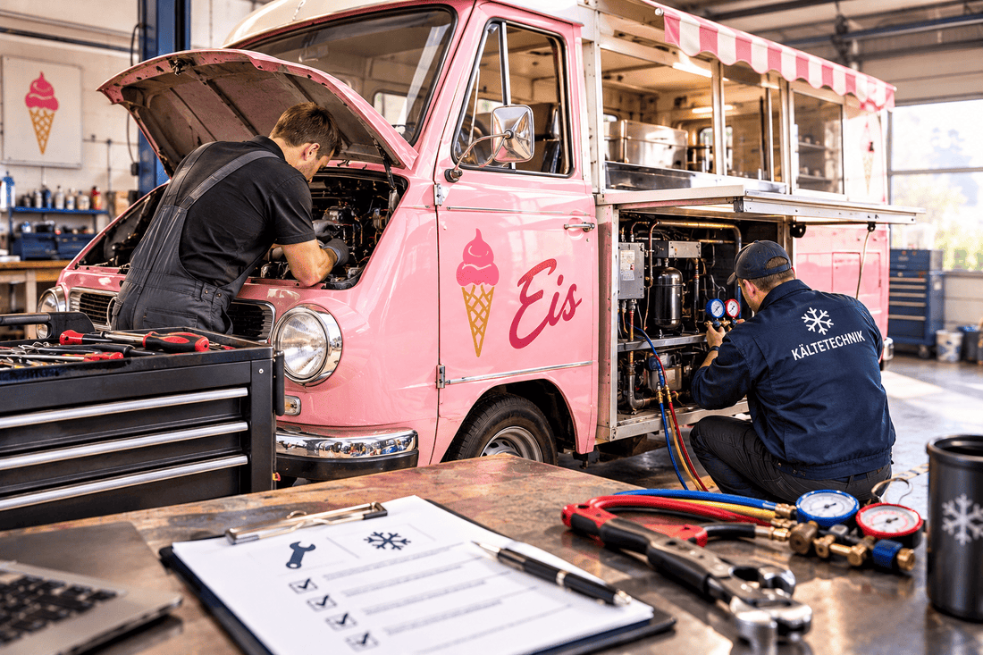 Eiswagen in einer Werkstatt mit Mechaniker und Kältetechniker bei der Wartung von Fahrzeug und Kühlanlage.