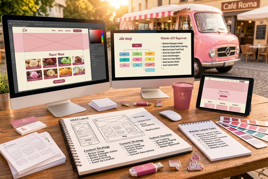 Arbeitsplatz zur Gestaltung einer Eiscreme-Website mit Bildschirmen, Layout-Skizzen, SEO-Planung und Checklisten vor einem rosa Eiswagen.