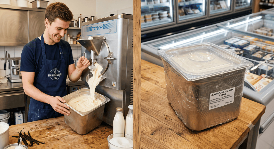 Eismacher füllt frische Eismasse aus der Maschine, daneben ein Behälter mit fertig gekauftem Eis